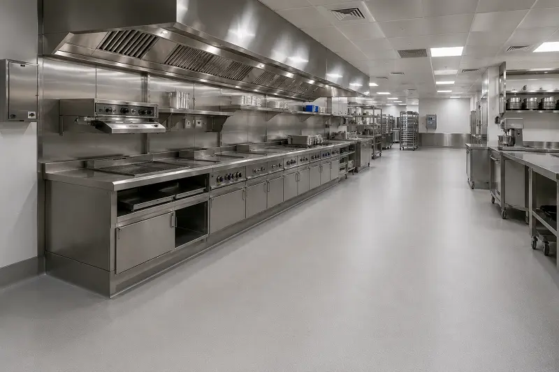Heat-welded vinyl sheet flooring with coved skirting in a Dubai hotel BOH commercial kitchen