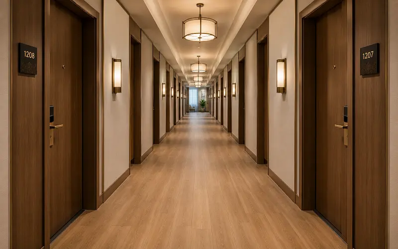 SPC vinyl corridor flooring with acoustic underlay in a Dubai upscale hotel