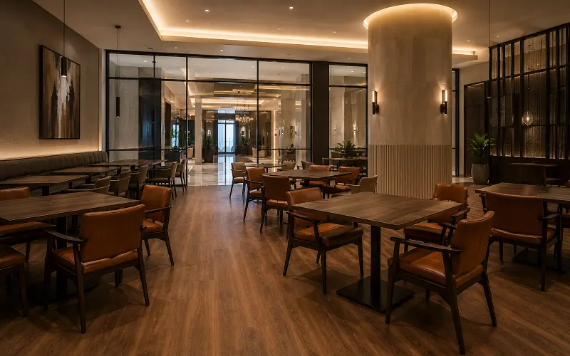Hybrid vinyl flooring in a Dubai hotel F&B restaurant outlet with heat-welded kitchen and LVT dining