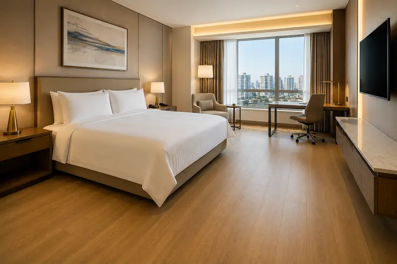Premium LVT vinyl flooring with acoustic underlay in a Dubai 4-star hotel guest room