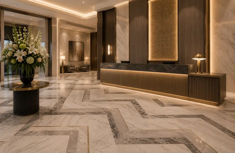 Premium LVT flooring with bespoke pattern in a Dubai 5-star hotel lobby