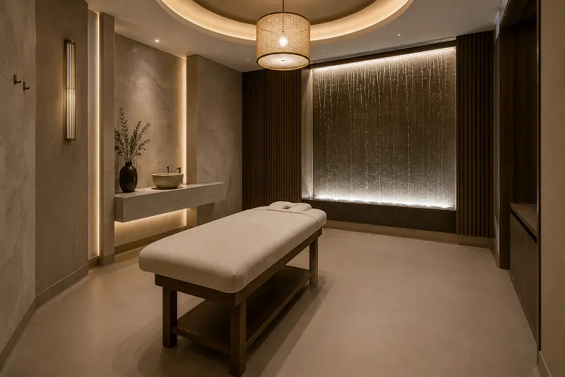 R11 slip-rated vinyl sheet flooring in a Dubai hotel spa wet treatment zone with antimicrobial wear layer