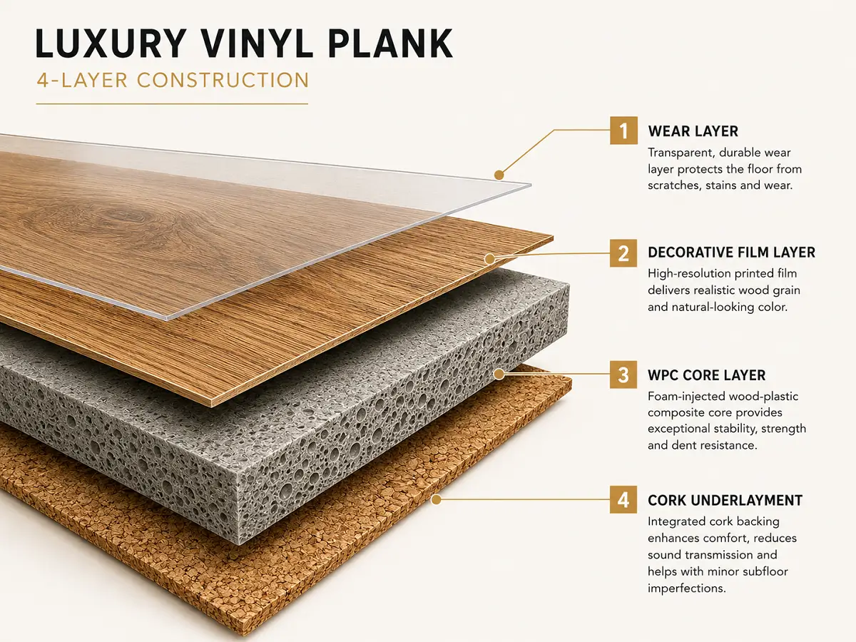 Indoor WPC vinyl plank construction layers showing foam-core wood-plastic composite