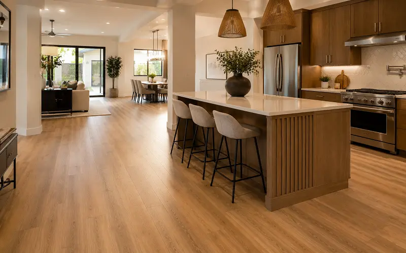LVT vinyl flooring in a UAE open-plan kitchen flowing into the living-dining area