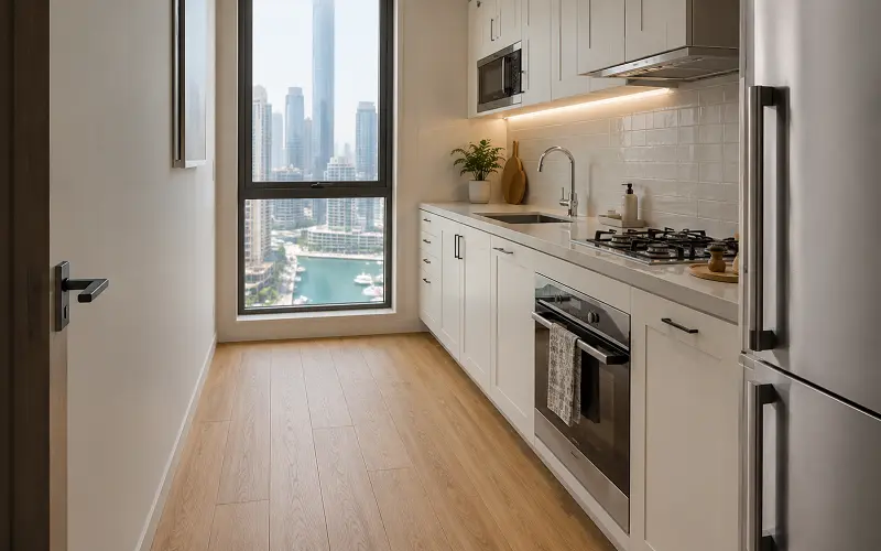 WPC vinyl flooring in an upper-floor apartment kitchen with foamed acoustic core