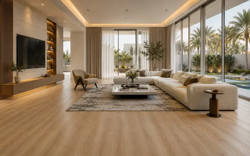 Wide-plank LVT vinyl flooring in a Dubai living room with premium wood-look planks