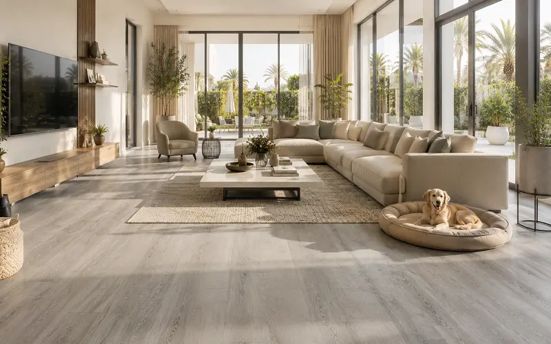 Durable SPC vinyl flooring in a sun-facing Dubai villa living room with floor-to-ceiling glazing