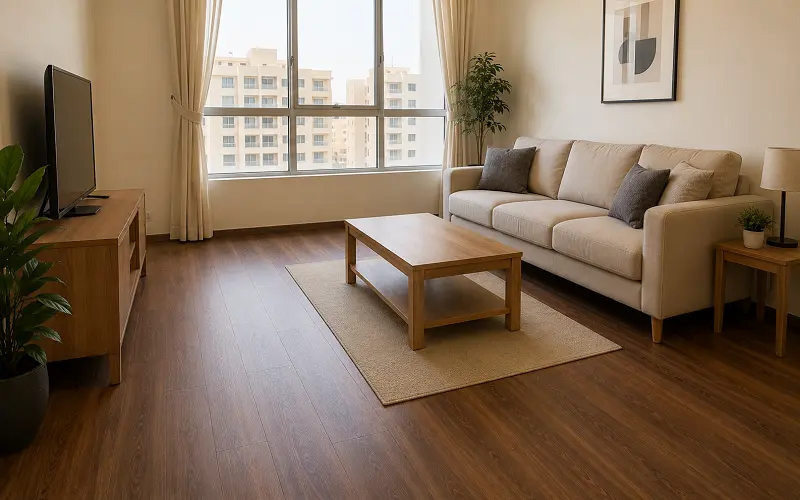 Budget vinyl plank flooring refresh in an Abu Dhabi apartment living room