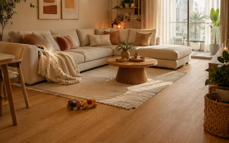 Cushioned WPC vinyl flooring in a UAE apartment living room with foamed core comfort