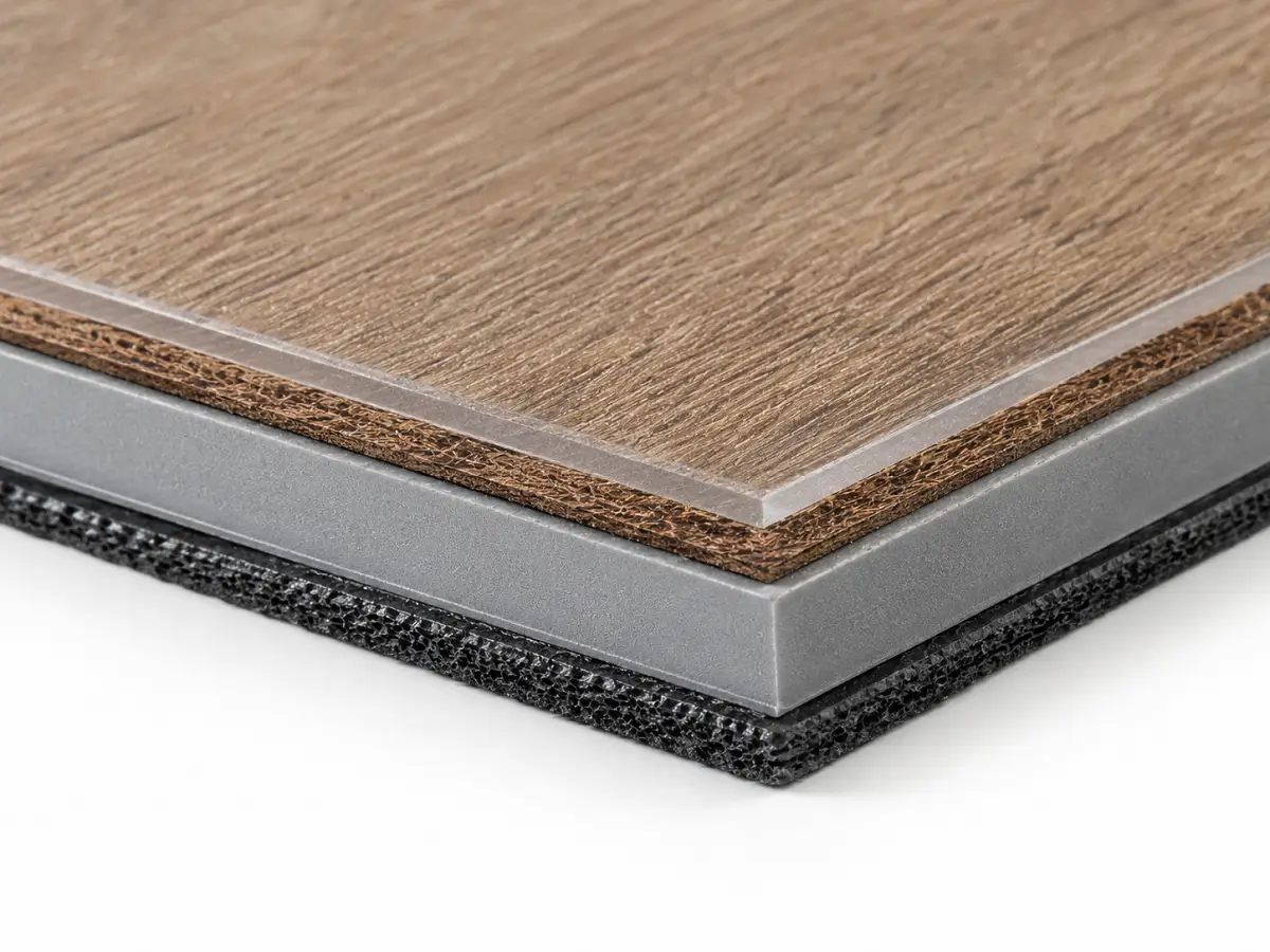 LVT flooring layer construction showing wear layer, decorative film, core, backing