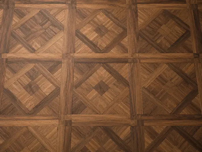 LVT pattern installation showing Versailles parquet