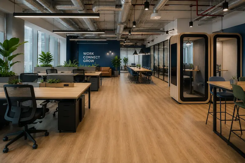 Co-working space interior with vinyl flooring across hot-desk and meeting room zones in DMCC Dubai