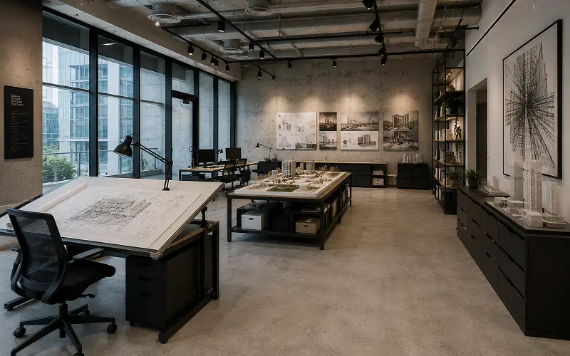 Architecture and design studio interior with premium aesthetic vinyl flooring in Dubai Design District