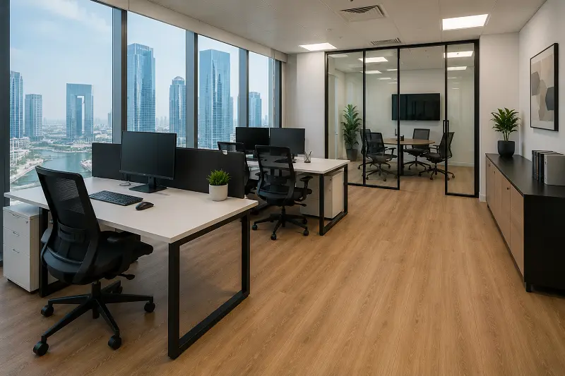 SME single-floor office fit-out with mixed-zone vinyl flooring in Business Bay Dubai