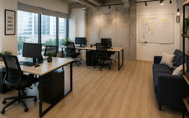 Start-up office interior with budget-conscious vinyl flooring in Dubai Internet City