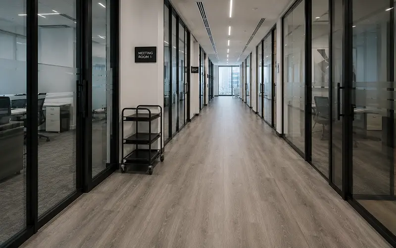 Heavy-duty SPC vinyl flooring in a UAE office corridor with trolley traffic