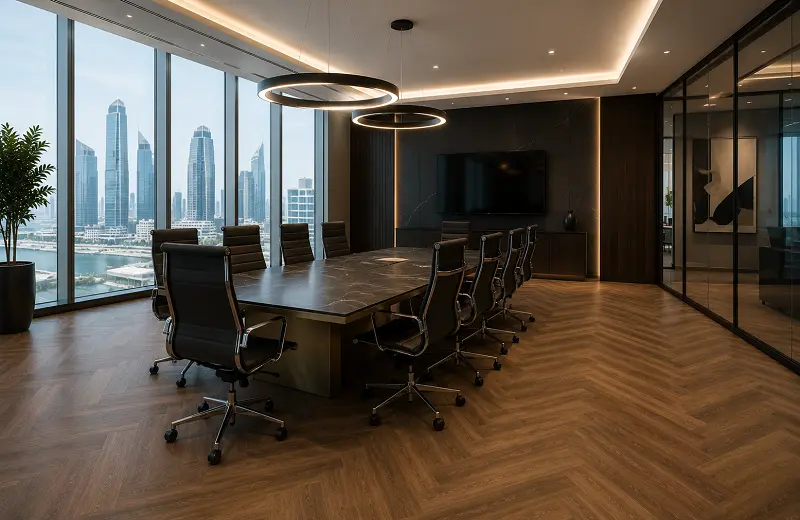LVT vinyl flooring in an executive office boardroom in Abu Dhabi