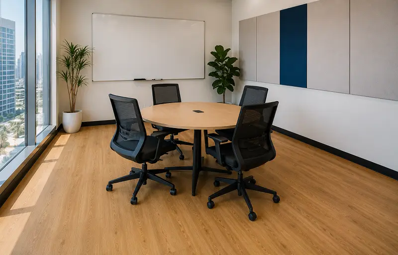 WPC vinyl flooring in a Dubai office meeting room with acoustic absorption