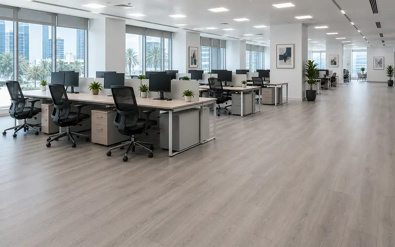 SPC vinyl flooring in a UAE corporate open-plan office workspace