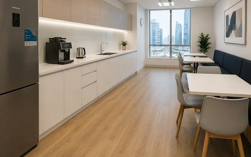 Vinyl plank flooring in an Abu Dhabi office pantry and back-of-house zone