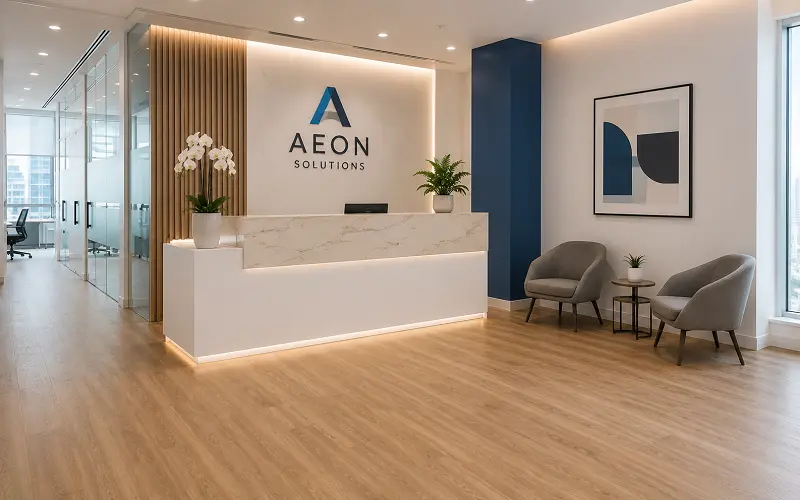 Premium LVT wood-grain flooring in a Dubai corporate office reception with brand aesthetic