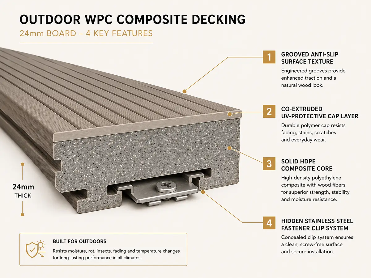 Outdoor WPC decking board construction showing wood fiber HDPE composite