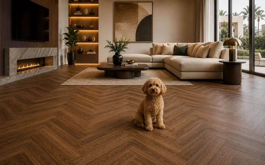 Premium LVT pet-friendly vinyl flooring with ceramic-bead wear layer in a UAE home