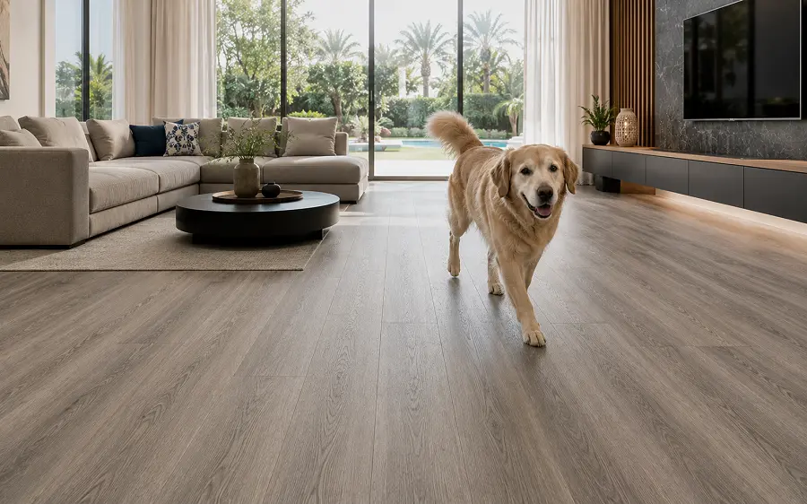 Scratch-resistant SPC pet-friendly vinyl flooring in a UAE villa living room