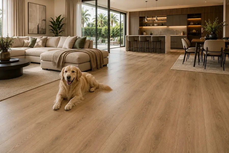 Pet-friendly wood-look vinyl plank flooring across SPC and WPC cores in a UAE home