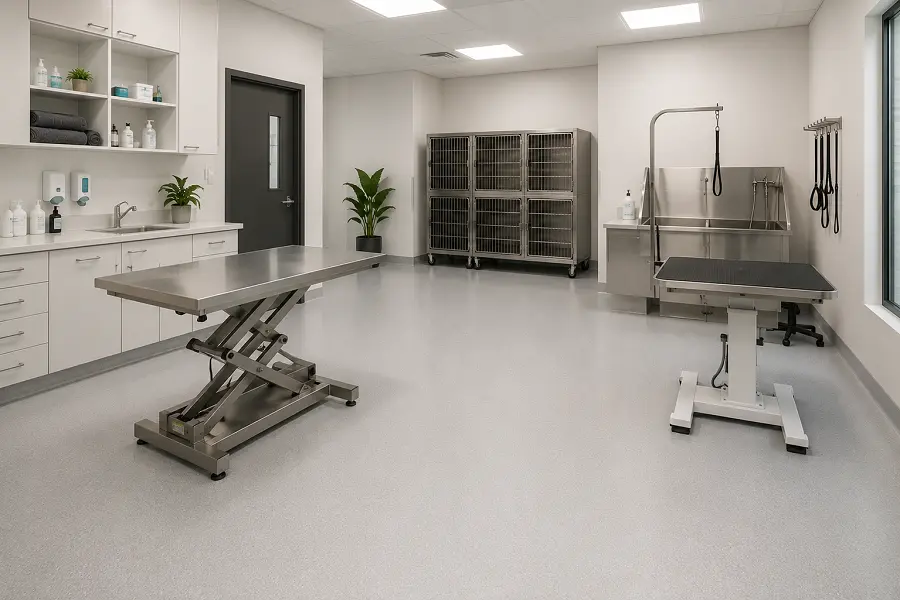 Heat-welded antimicrobial vinyl sheet pet-friendly flooring in a UAE vet clinic