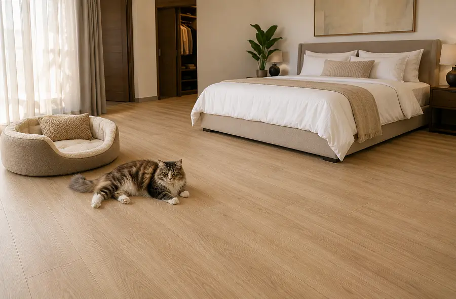 Cushioned WPC pet-friendly vinyl flooring for older and large pets in a UAE bedroom