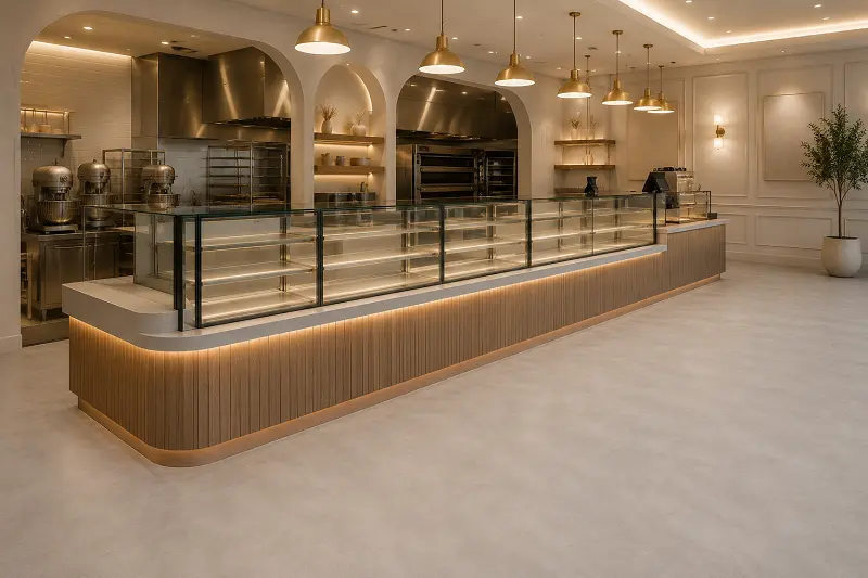 Bakery and patisserie interior with heat-welded vinyl sheet flooring across production and retail zones in Dubai