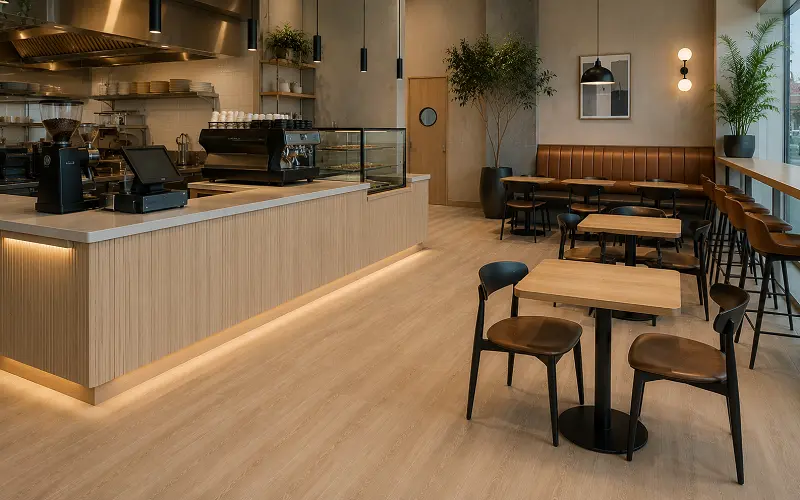 Cafe and quick-service restaurant interior with vinyl sheet kitchen and aesthetic SPC dining floor in Dubai