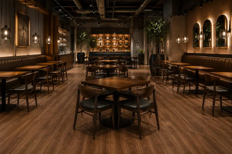 Casual and fine dining restaurant interior with heat-welded vinyl kitchen and SPC dining floor in Dubai