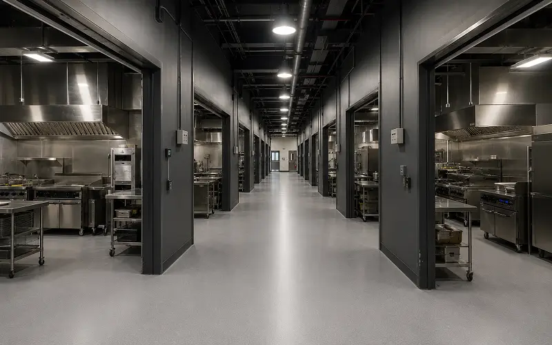 High-density cloud kitchen facility with heat-welded vinyl sheet across 8 to 12 brand kitchens in Dubai South