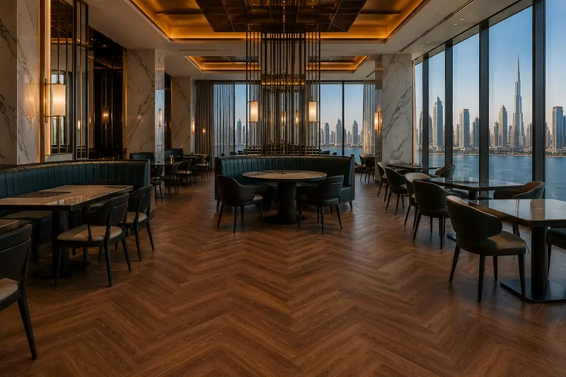 Hotel restaurant F&B outlet interior with heat-welded vinyl central BOH kitchen and premium FOH dining in Dubai