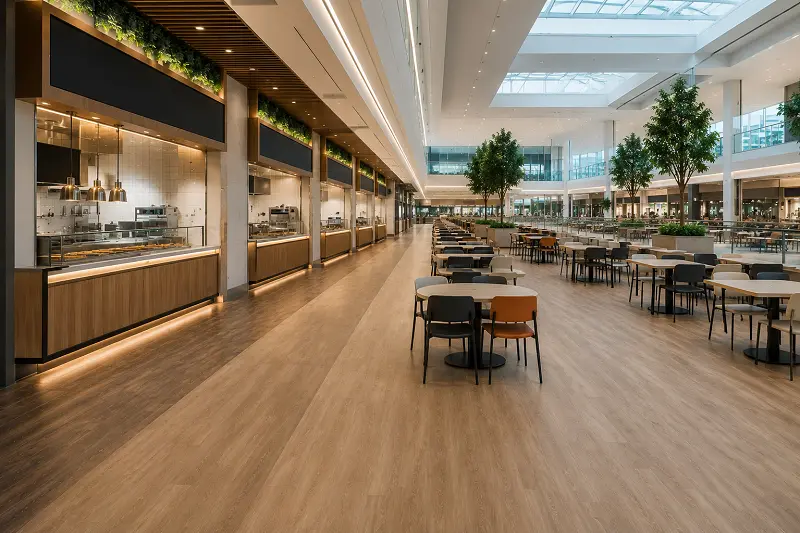 Mall food court interior with multiple tenant kitchens and shared dining hall vinyl flooring in Dubai Mall