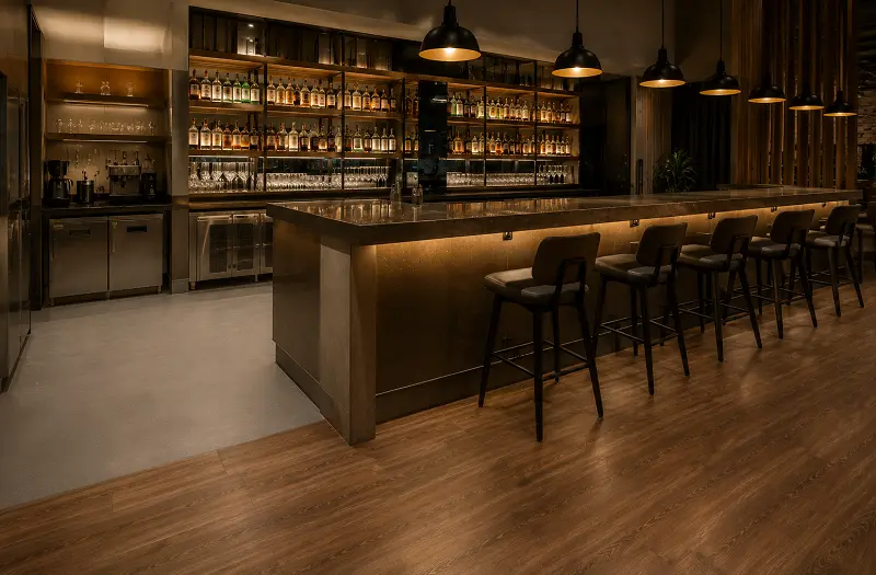 Hybrid vinyl flooring spec in a Dubai restaurant bar area with R11 behind bar and R10 customer-facing zones
