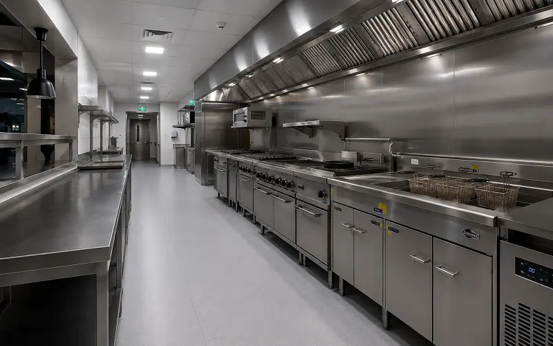 Heat-welded vinyl sheet flooring with 150mm coved skirting in a Dubai restaurant back-of-house commercial kitchen