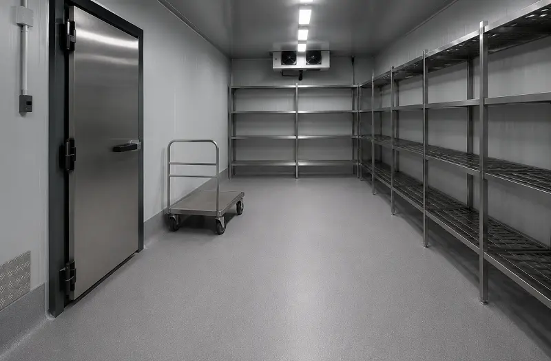Heavy-duty vinyl sheet flooring with cold-rated spec in a UAE restaurant walk-in cold storage at 4 degrees Celsius