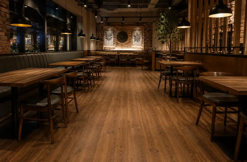 SPC wood-look vinyl flooring in a UAE casual dining restaurant front-of-house seating area