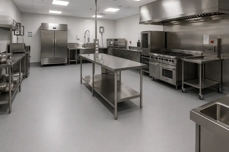 Heat-welded vinyl sheet flooring in a Dubai school canteen kitchen meeting Dubai Municipality Food Control compliance