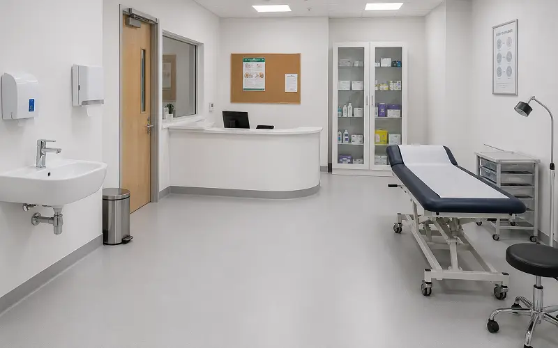 Healthcare-grade vinyl sheet flooring with antimicrobial wear layer in a Dubai school clinic and nursing station
