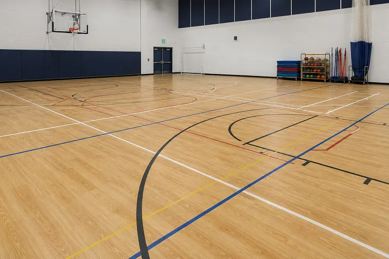 Sports-grade Class 34 SPC vinyl flooring in an Abu Dhabi school gymnasium and sports facility
