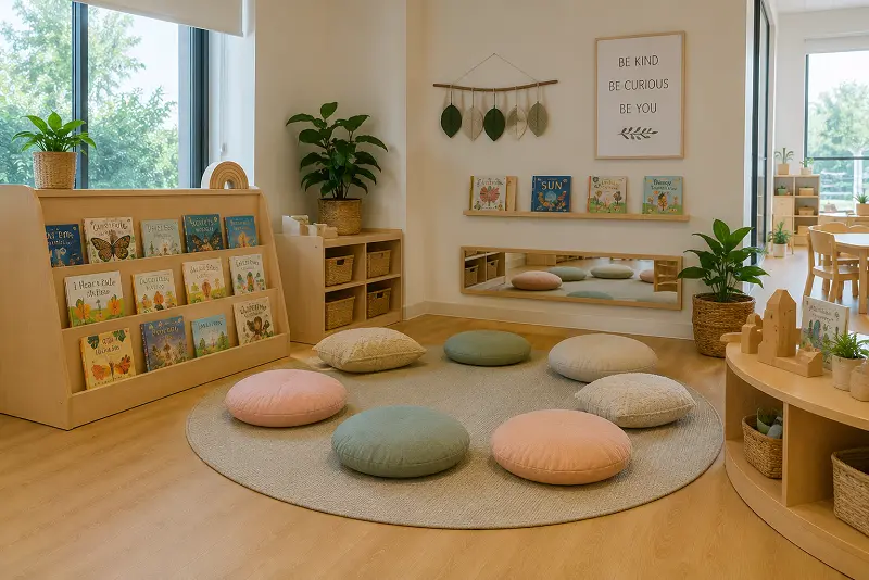ECMS-licensed nursery interior with WPC vinyl flooring and antimicrobial wear layer in a Dubai early years centre