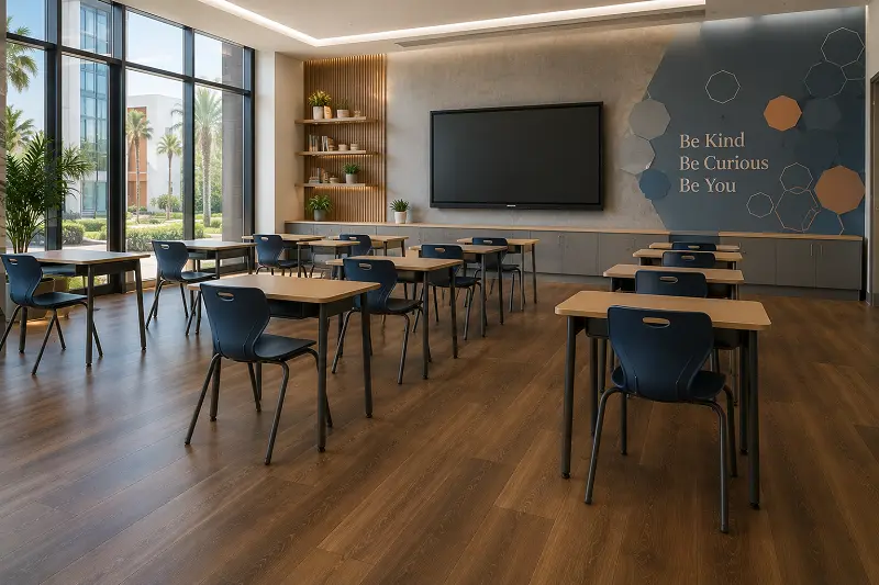 Private K-12 international school interior with premium LVT vinyl flooring and KHDA-compliant classroom spec in Dubai