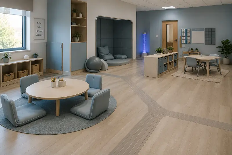 Special needs school interior with sensory-friendly calm-aesthetic vinyl flooring in a UAE accommodation-specialist learning centre