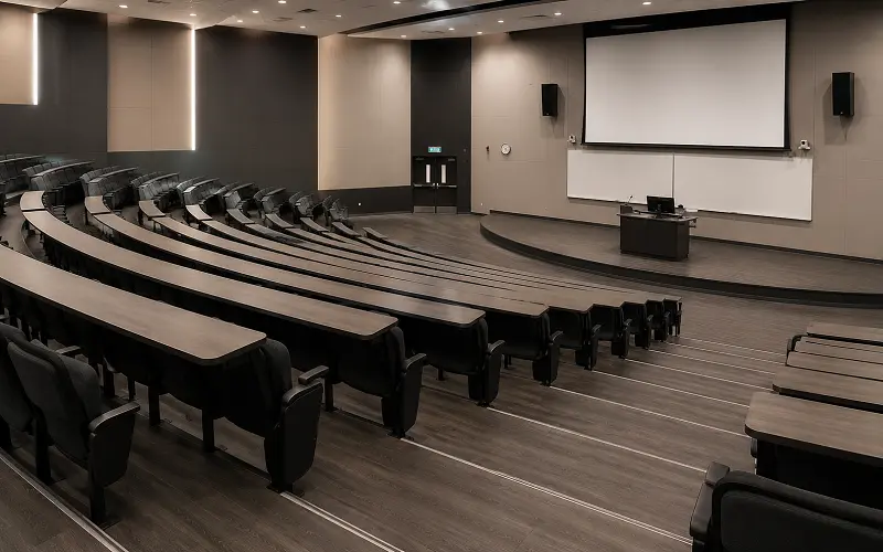 University campus interior with multi-zone vinyl flooring across lecture hall, library and lab in Abu Dhabi