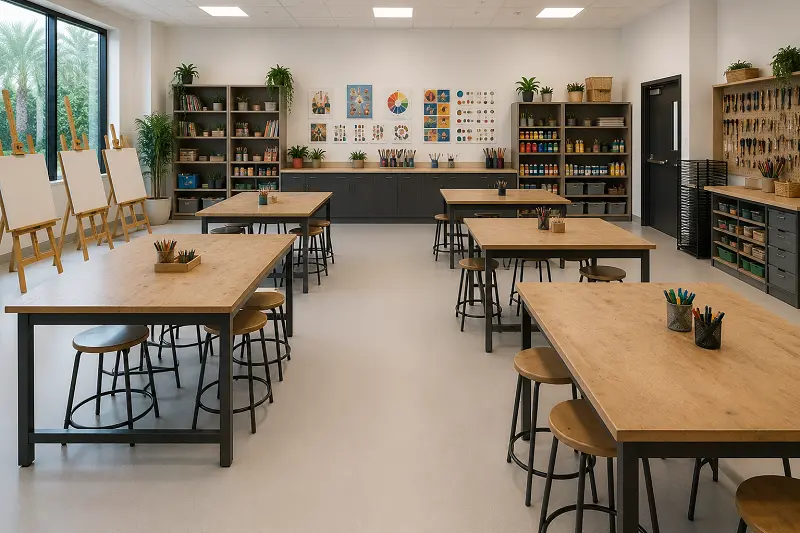 Chemical and paint-resistant vinyl sheet flooring in a Dubai school art and design technology room