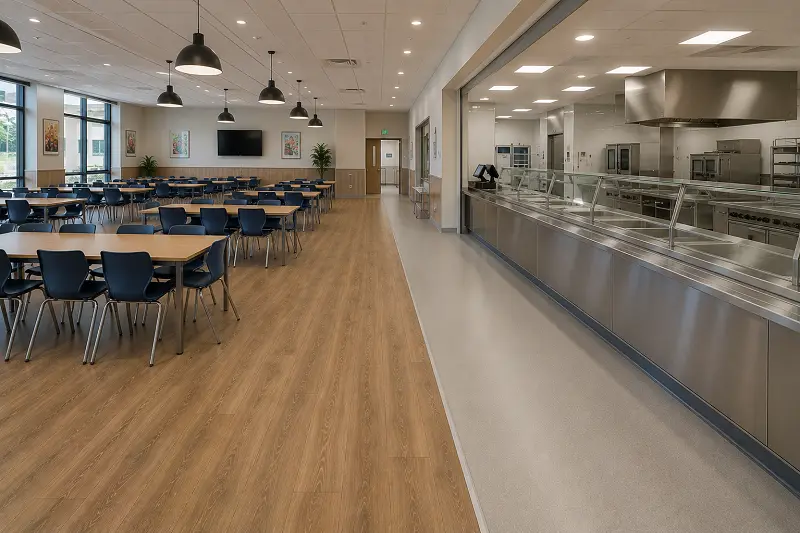 Heat-welded vinyl sheet BOH kitchen and SPC dining hall vinyl flooring in a Dubai school canteen